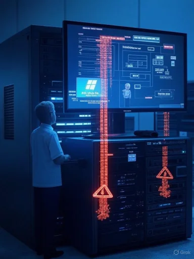 A person in a data center watches a blue-lit monitor displaying complex diagrams with red warning symbols. A person in a data center watches a blue-lit monitor displaying complex diagrams with red warning symbols.