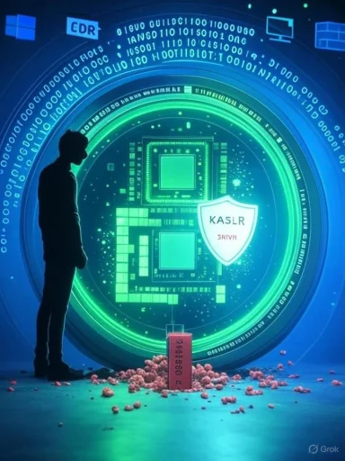 A silhouette stands before a glowing cyber-hologram of circuitry and a shield marked KASLR.