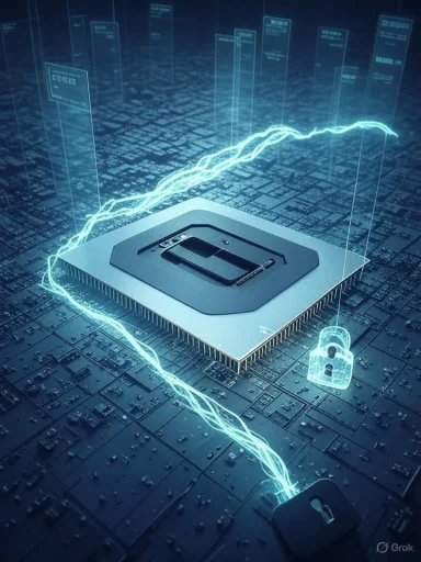 A microprocessor on a circuit board framed by glowing blue security lines and a padlock.