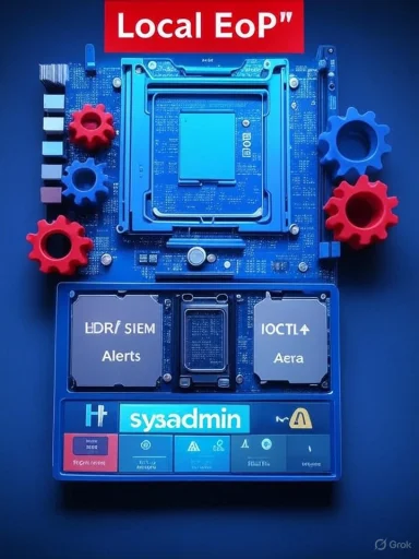 A blue computer motherboard with colorful gears and a 'Local EoP' banner.