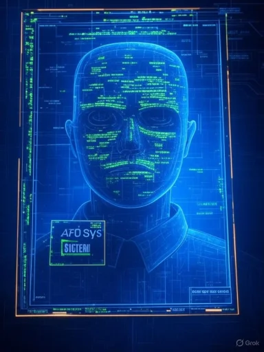 Blue holographic blueprint of a human head with green code-like text.