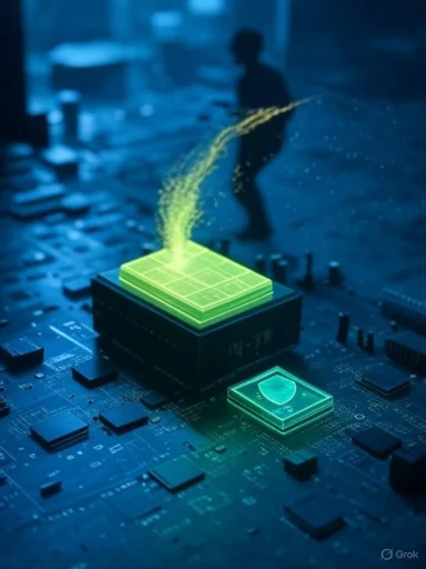 Neon-green microchip stack emits a trail of glowing particles over a blue circuit board.