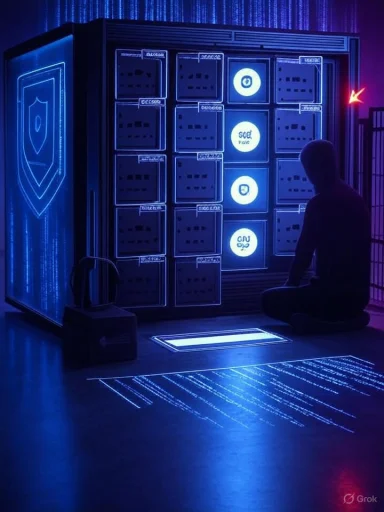 A person kneels before a glowing blue data vault with illuminated modular panels.