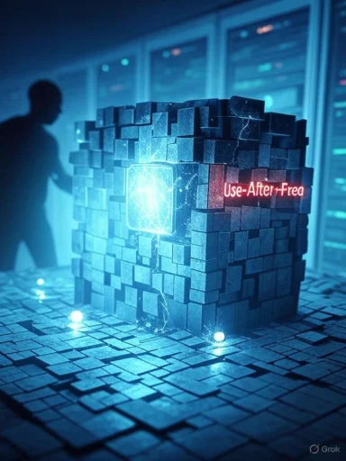 Blue-lit cube of blocks in a data center labeled 'Use-After-Free'.
