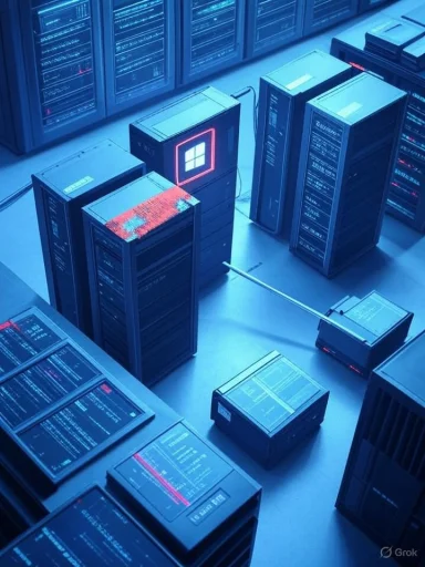 Blue-tinted data center with rows of server racks; a central unit glows with a Windows logo.