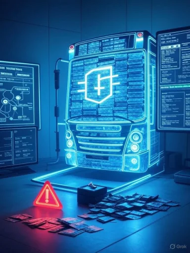 Neon blue data-center truck with holographic screens, a red warning triangle, and piles of cash.