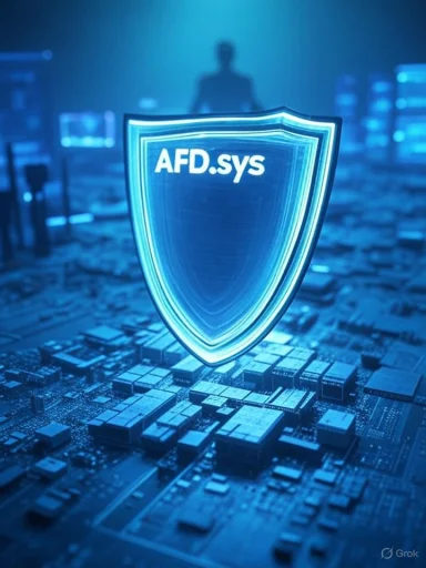 A glowing shield labeled 'AFD.sys' hovers over a blue circuit-board backdrop, symbolizing cybersecurity.