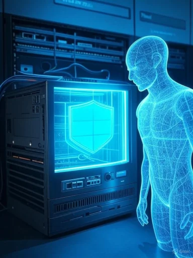 A blue holographic human stands beside a server with a glowing shield. A blue holographic human stands beside a server with a glowing shield.