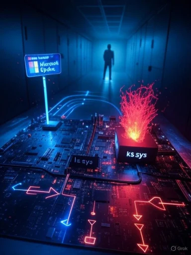 Neon-lit data-center scene with a glowing motherboard, sparks, and a silhouetted figure at the far end.