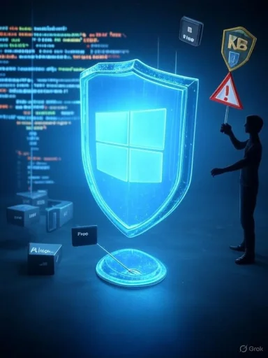 A neon Windows shield hologram glows as a tiny figure holds warning signs against a code-filled backdrop.
