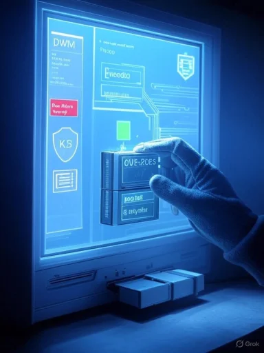 A gloved hand interacts with a glowing blue holographic computer interface, selecting a 3D data module.