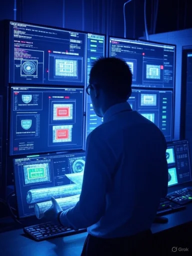 A technician in a blue-lit control room studies multiple screens displaying schematics.