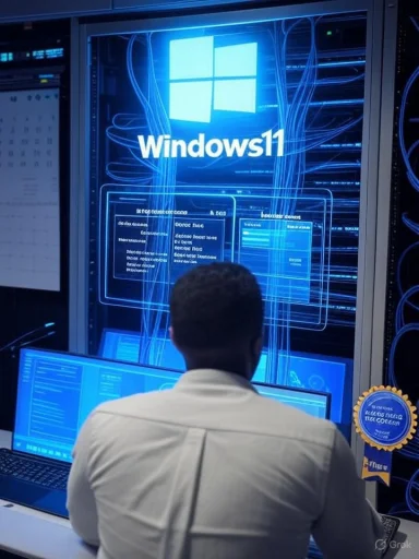 A technician in a data center monitors Windows 11 on blue holographic displays.