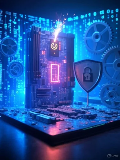 A glowing motherboard with a sparking power button, gears, and a security shield.