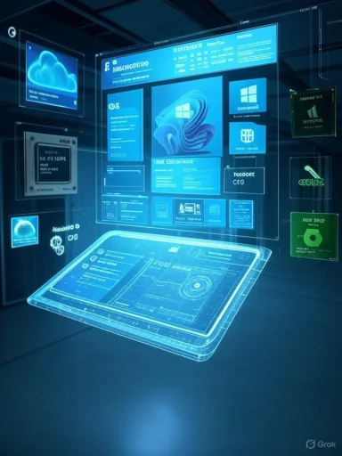 A blue holographic computer interface with floating screens and a curved transparent tablet.