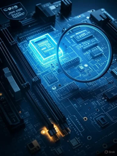 A magnifying glass over a blue motherboard highlighting a glowing chip.