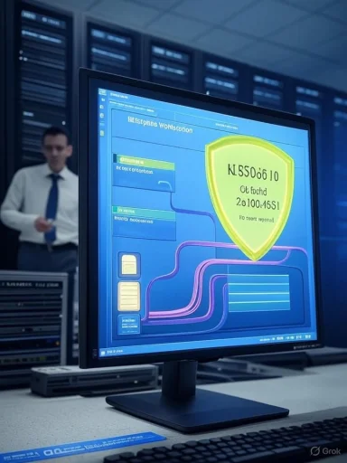 In a data center, a monitor displays a glowing shield icon.