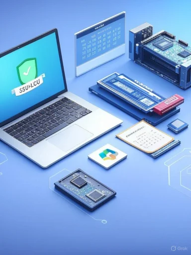 Laptop on a blue desk surrounded by exposed PC hardware (RAM, SSDs, GPU, motherboard).