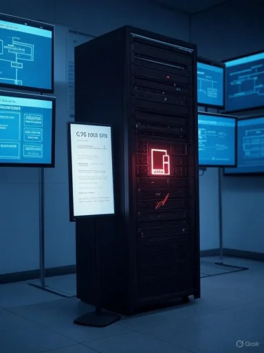 A server rack glows red in a data center, surrounded by blue-monitor diagrams.