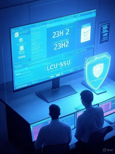 Two analysts monitor a blue-lit security dashboard on a wall-sized screen.