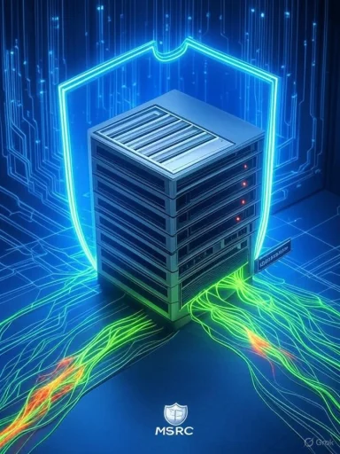 A futuristic data server encased in a glowing shield amid neon circuit lines.