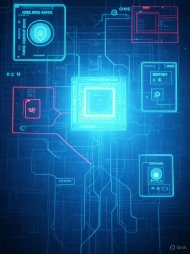 Futuristic neon blue circuit diagram with a glowing central processor.