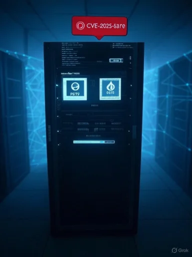 A blue-lit data center with a tall server rack and a red CVE label hovering above.