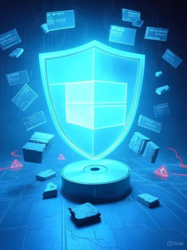 A glowing blue holographic shield rises from a pedestal, surrounded by floating digital blocks.