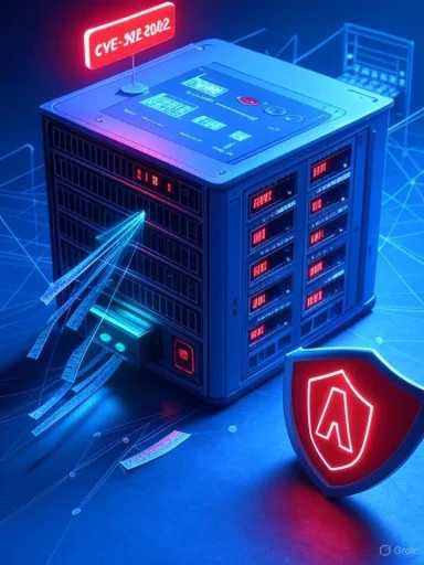 Neon-lit data server protected by a glowing shield, symbolizing cybersecurity.