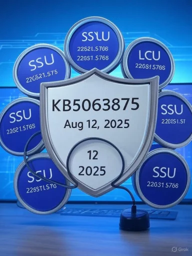 A central shield displays KB5063875 and Aug 12, 2025, encircled by blue SSU/LCU disks. A central shield displays KB5063875 and Aug 12, 2025, encircled by blue SSU/LCU disks.