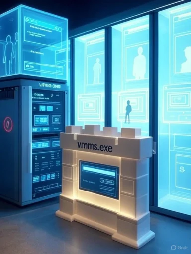 Futuristic data center with blue holographic screens and a pedestal labeled vmms.exe.