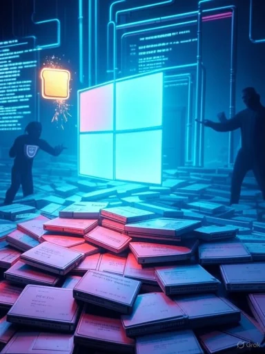 Two shadowy figures stand in a neon cyberpunk scene as a glowing Windows logo hovers above a heap of books.