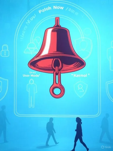 A large red bell graphic on a blue poster urging users to patch now for security.