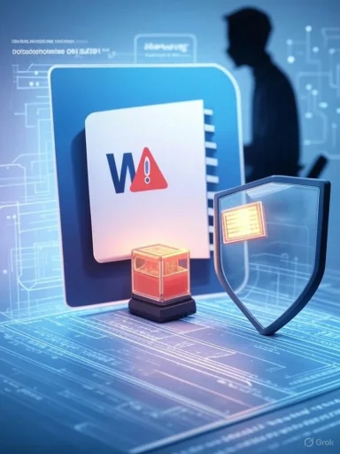 A cybersecurity illustration featuring a shield, warning sign, and data protection imagery.