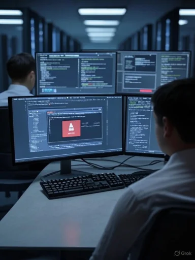 A programmer works at a desk with multiple monitors displaying code in a server room. A programmer works at a desk with multiple monitors displaying code in a server room.