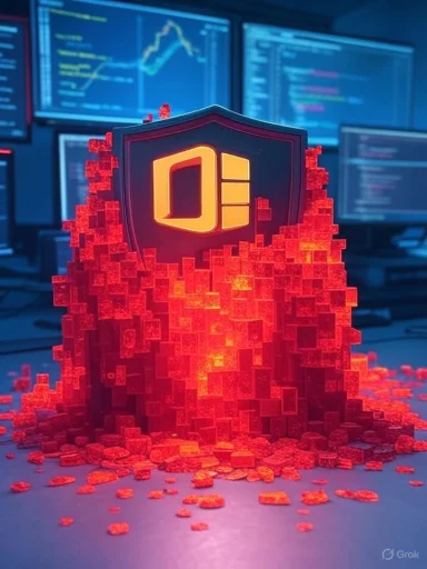 A glowing shield emblem rises from a pile of red pixel blocks in a high-tech coding lab.