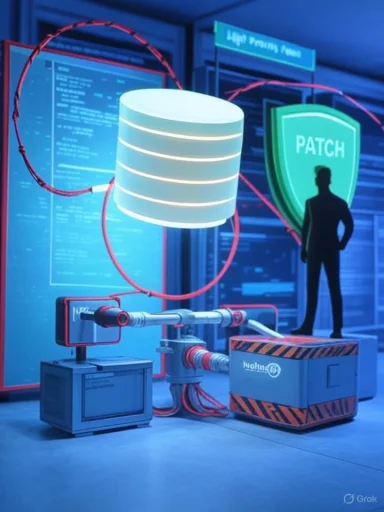 A futuristic data center scene with a glowing database, red cables, and a PATCH shield beside a silhouette.