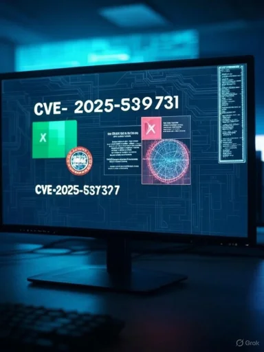 A computer monitor displays a cybersecurity dashboard labeled CVE-2025-539731. A computer monitor displays a cybersecurity dashboard labeled CVE-2025-539731.
