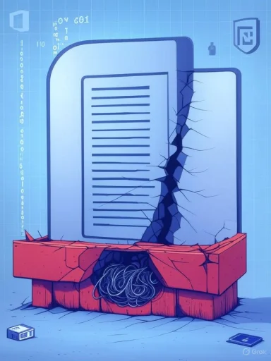 A giant document cracks through a brick wall, exposing tangled data inside.