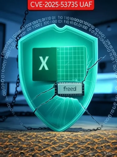 Glowing cyber shield bearing an Excel icon, cracked by the CVE-2025-53735 vulnerability.