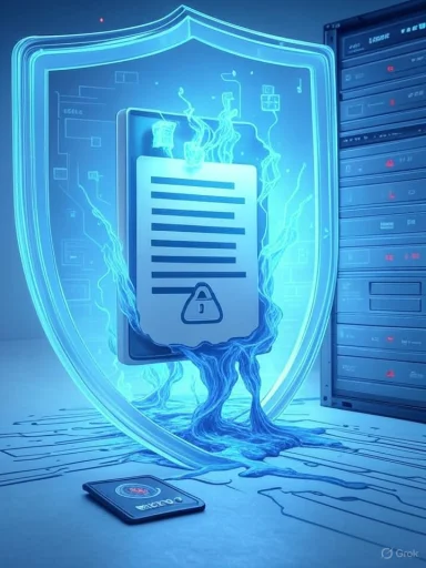 A neon blue shield guards a document in a data center, symbolizing cyber security.