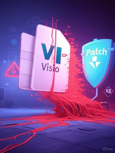 A futuristic software-patch concept featuring a Visio card and a Patch shield connected by red cables.