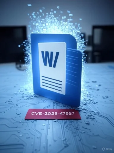 A glowing blue Word document icon stands on a circuit board, labeled CVE-2025-A7957. A glowing blue Word document icon stands on a circuit board, labeled CVE-2025-A7957.