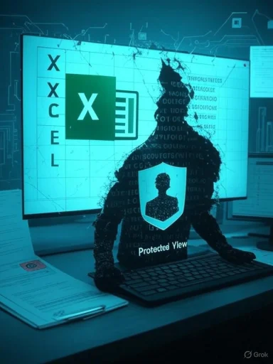 Hacker silhouette at a keyboard with a Protected View shield and an Excel icon on a blue cyber screen.