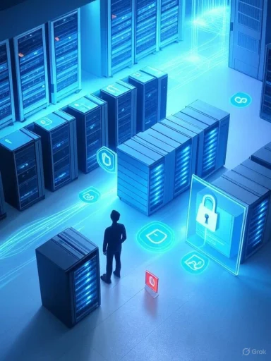 A person stands among server racks in a futuristic data center with holographic security icons.