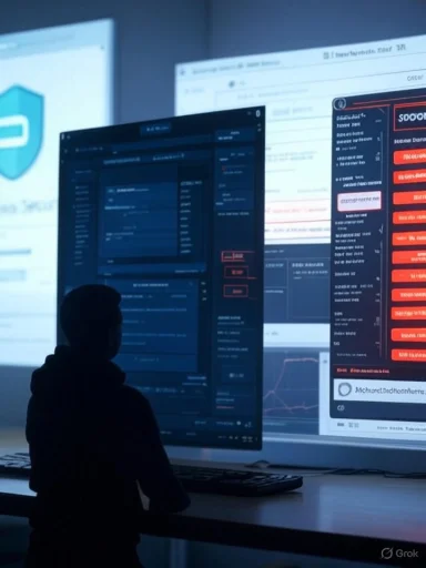 A silhouette of a person at a desk, facing several monitors displaying dashboards and code.