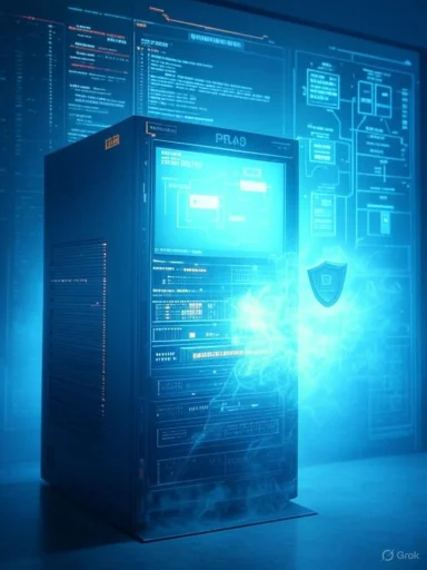 A blue-lit server rack surrounded by holographic screens and a glowing shield.