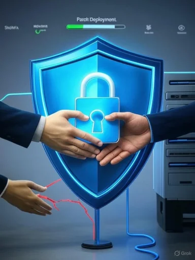 Two hands secure a shield as patch deployment advances.