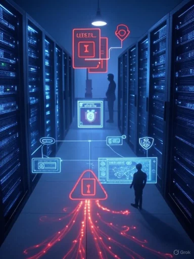 Neon-lit data center corridor with holographic security icons and a glowing red warning lock.