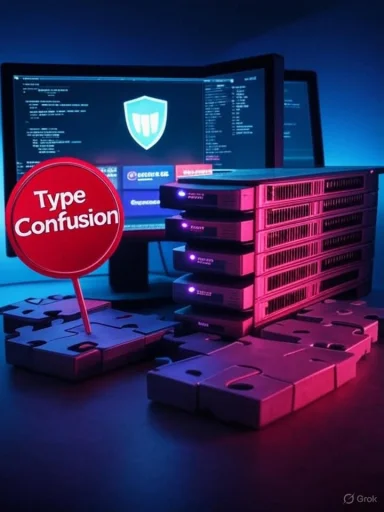 A server rack glows with blue light beside a monitor, featuring a red 'Type Confusion' sign.